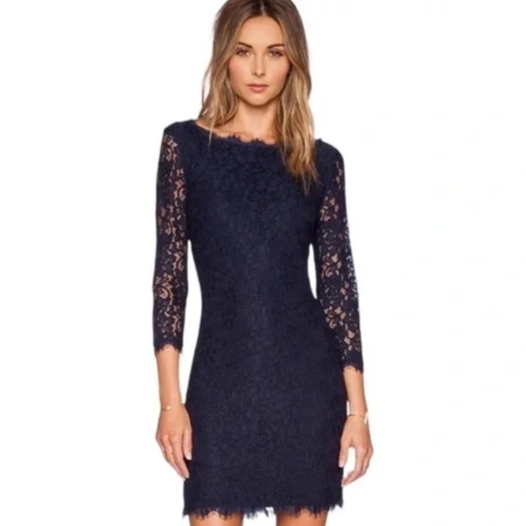 Diane Von Furstenburg Zarita Lace Mini Dress Navy Blue Women's Size 2 - Picture 1 of 16